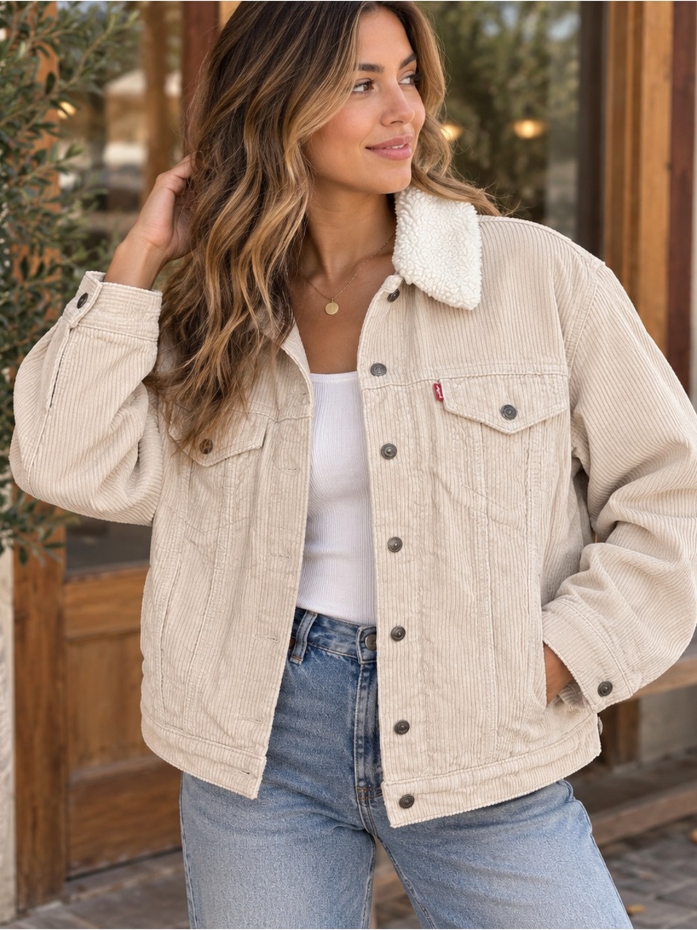 Levi's Cream Corduroy Trucker Jacket with Sherpa Collar